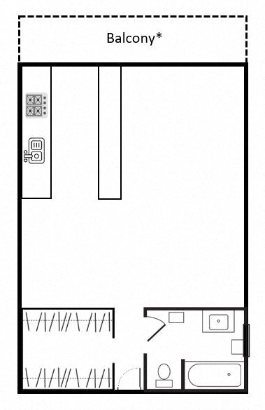 Floor plan for studio, 1 bath, 400 sqft